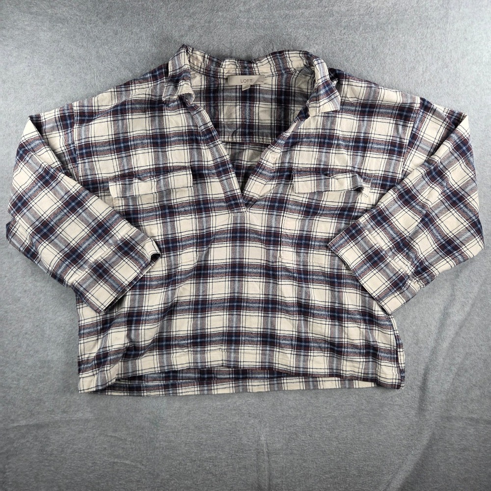 LOFT Plaid Flannel Pullover Women XXLP Cream Navy Rust V-Neck Cotton Top